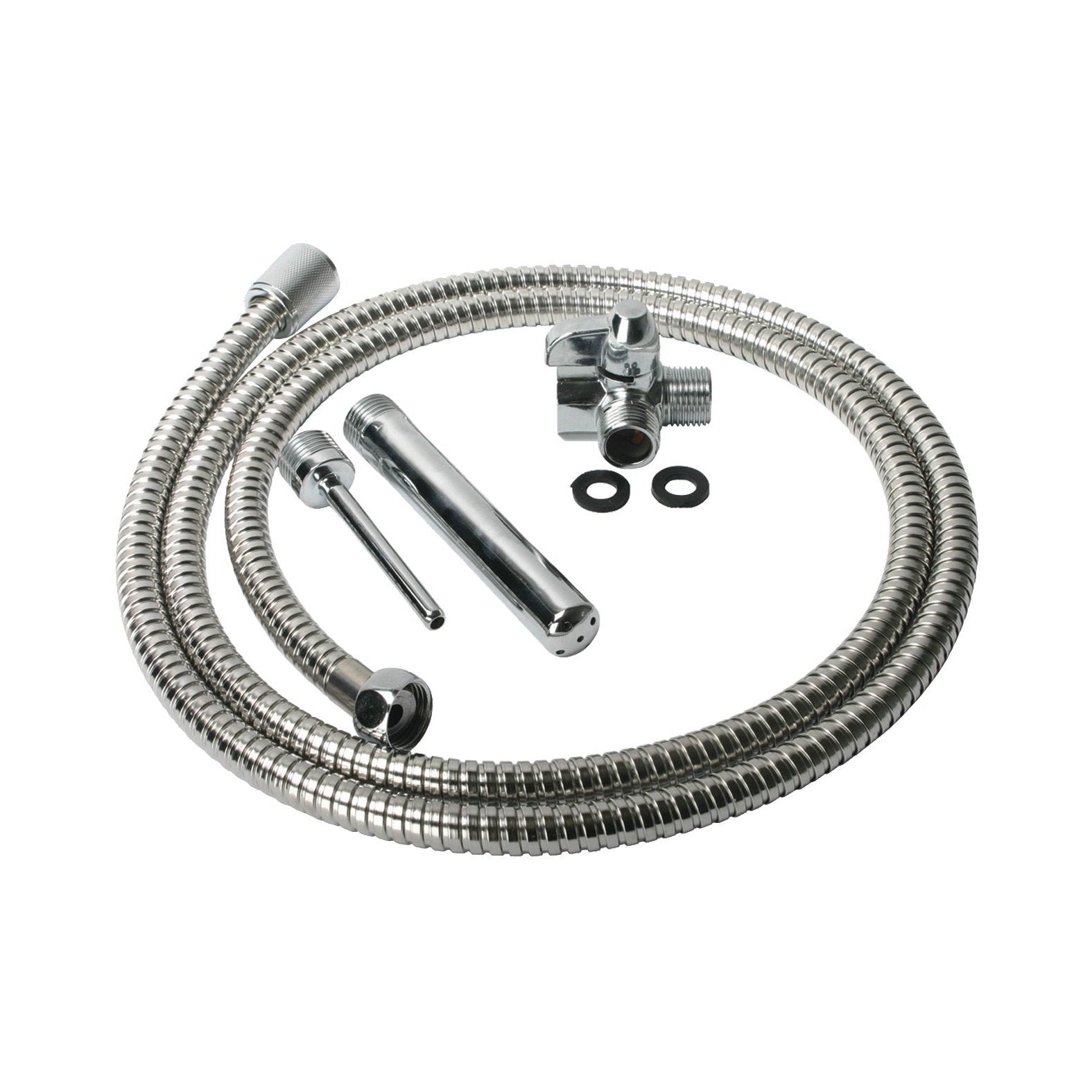 Introducing the CleanStream Deluxe Metal Shower System: a stainless steel, shower-mounted setup with a coiled hose, handheld showerhead, diverter valve, and dual rubber washers, beautifully arranged on a pristine white background.