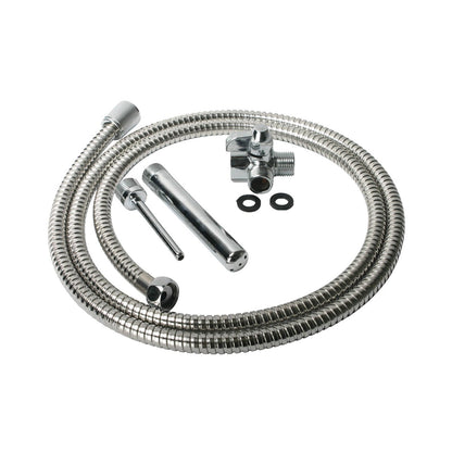 Introducing the CleanStream Deluxe Metal Shower System: a stainless steel, shower-mounted setup with a coiled hose, handheld showerhead, diverter valve, and dual rubber washers, beautifully arranged on a pristine white background.