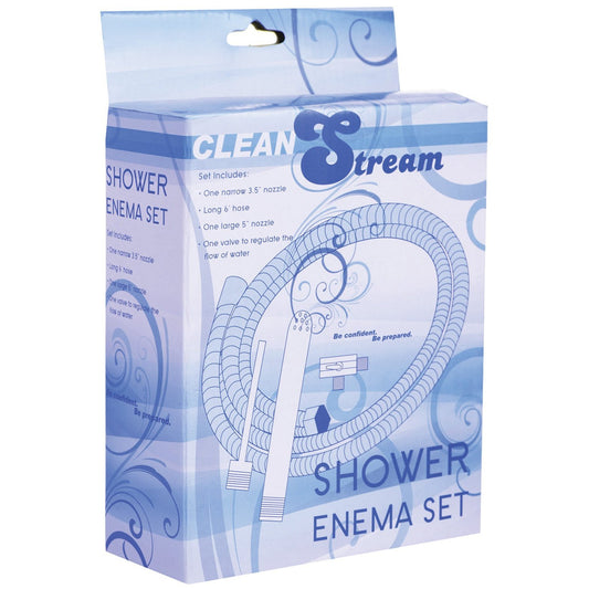 The CleanStream Deluxe Metal Shower Systems packaging features a sleek blue design, showcasing images of a shower-mounted system with a hose and self-cleaning nozzles. The text details the contents: narrow and large nozzles, a hose, and a valve for water regulation.