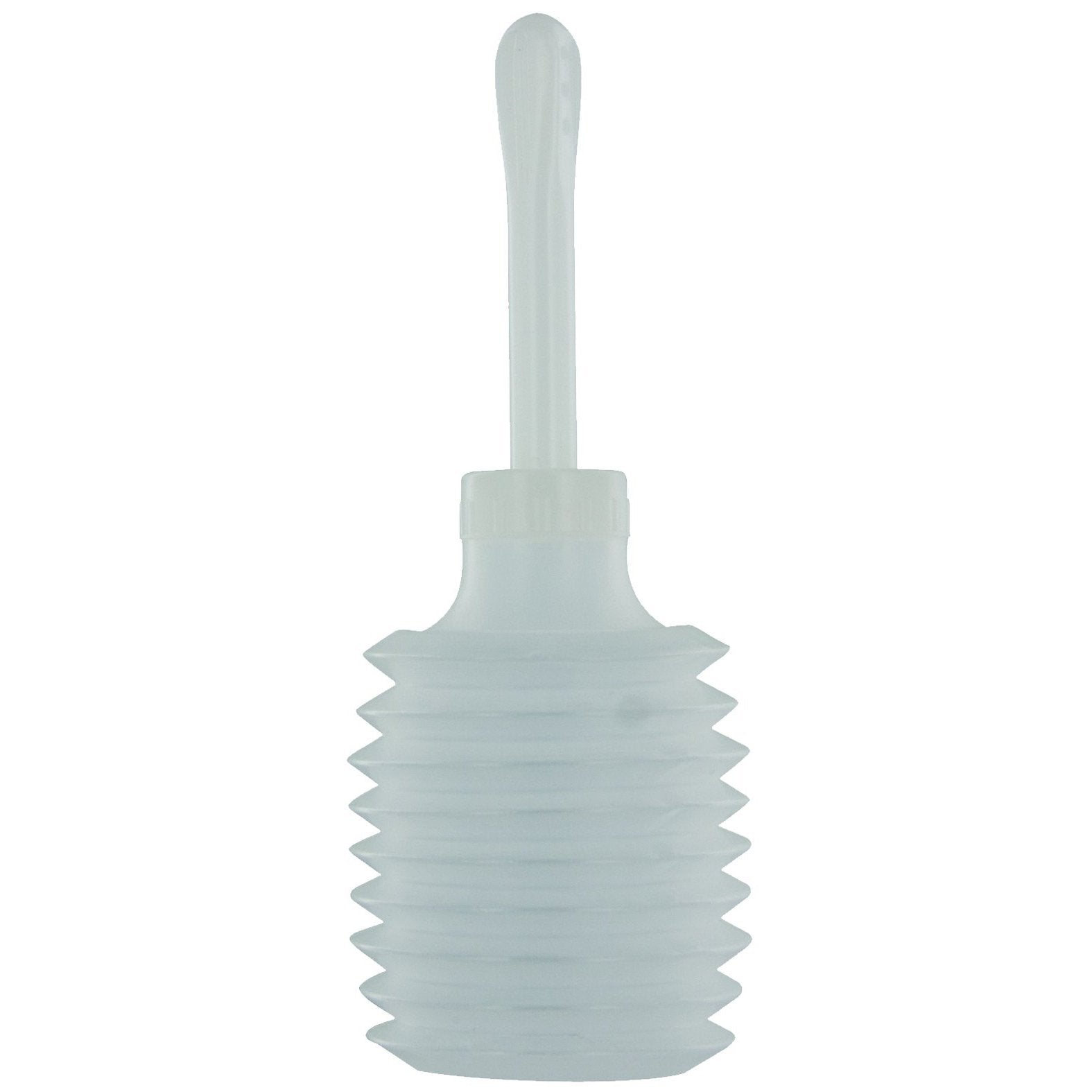 The CleanStream Disposable Applicator by CleanStream is a translucent, ribbed bottle with a long nozzle and a flexible, accordion-like body for easy squeezing. Its designed for efficient liquid or gel application as an enema.
