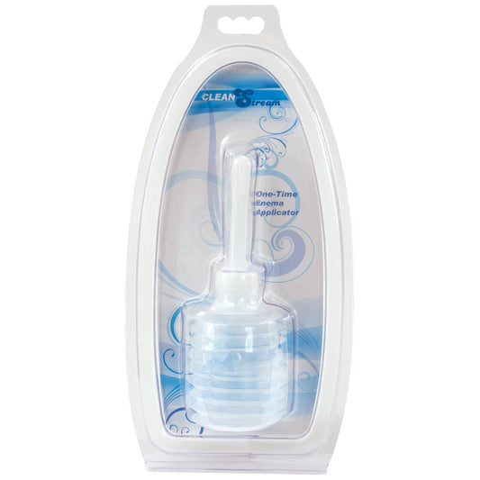 The transparent packaging of the CleanStream Disposable Applicator displays a white and blue enema applicator with blue swirls, clearly showing the product inside. The brand name CleanStream is prominently visible on the clear front.