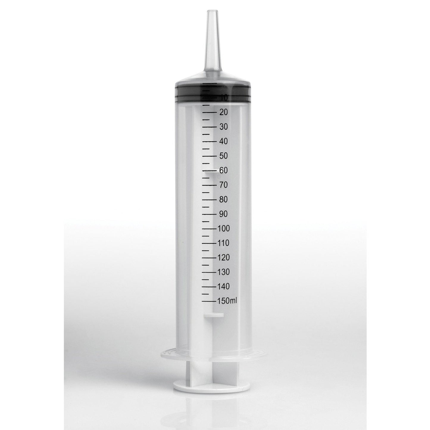 A large, transparent CleanStream Enema Syringe (150ml) stands upright against a plain white background. It features black measurement markings ranging from 20ml to 150ml, emphasizing its precision for effective anal hygiene routines.