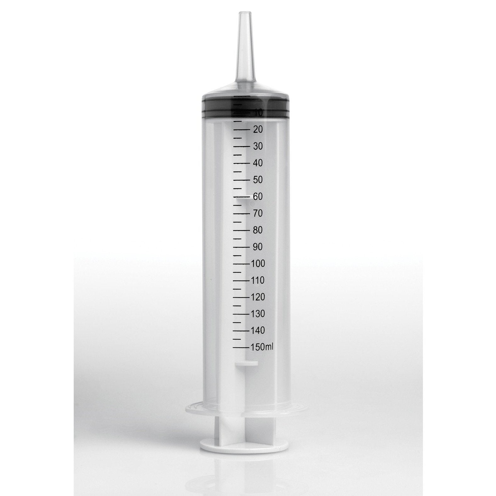 A large, transparent CleanStream Enema Syringe (150ml) stands upright against a plain white background. It features black measurement markings ranging from 20ml to 150ml, emphasizing its precision for effective anal hygiene routines.