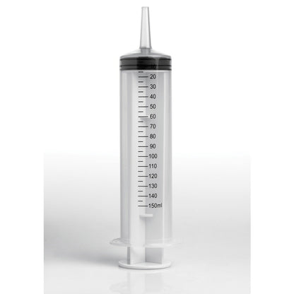 A large, transparent CleanStream Enema Syringe (150ml) stands upright against a plain white background. It features black measurement markings ranging from 20ml to 150ml, emphasizing its precision for effective anal hygiene routines.