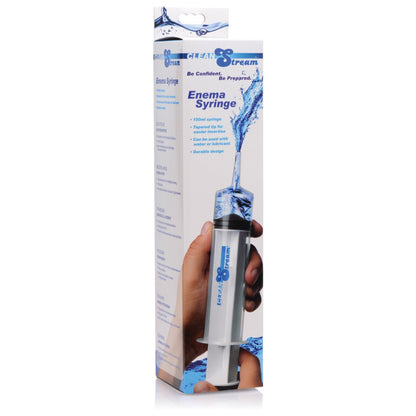 The image displays a CleanStream Enema Syringe box, tall and rectangular with blue accents. On the front, a hand holds the syringe surrounded by water splashes, emphasizing its focus on anal hygiene.