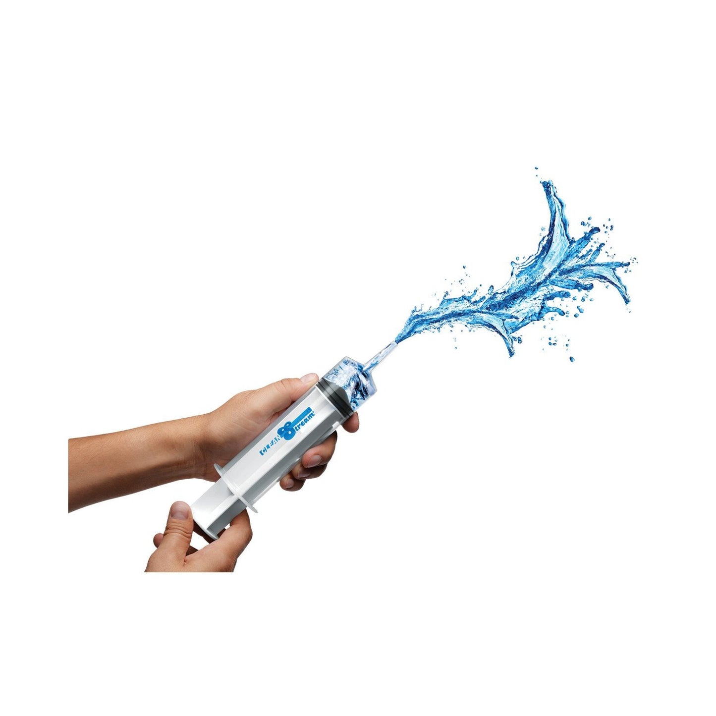 Hands are holding a CleanStream Enema Syringe, with a clean stream spraying out from the nozzle against a white background.