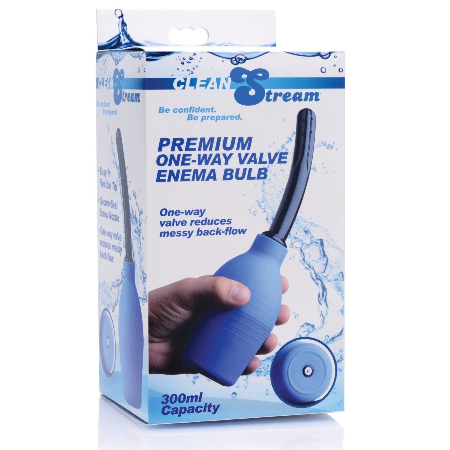 The CleanStream Premium Enema Bulb by Xr LLC showcases a hand holding its sleek silicone design and 300 ml capacity. A water splash in the background implies cleanliness, complemented by a one-way valve for easy use.