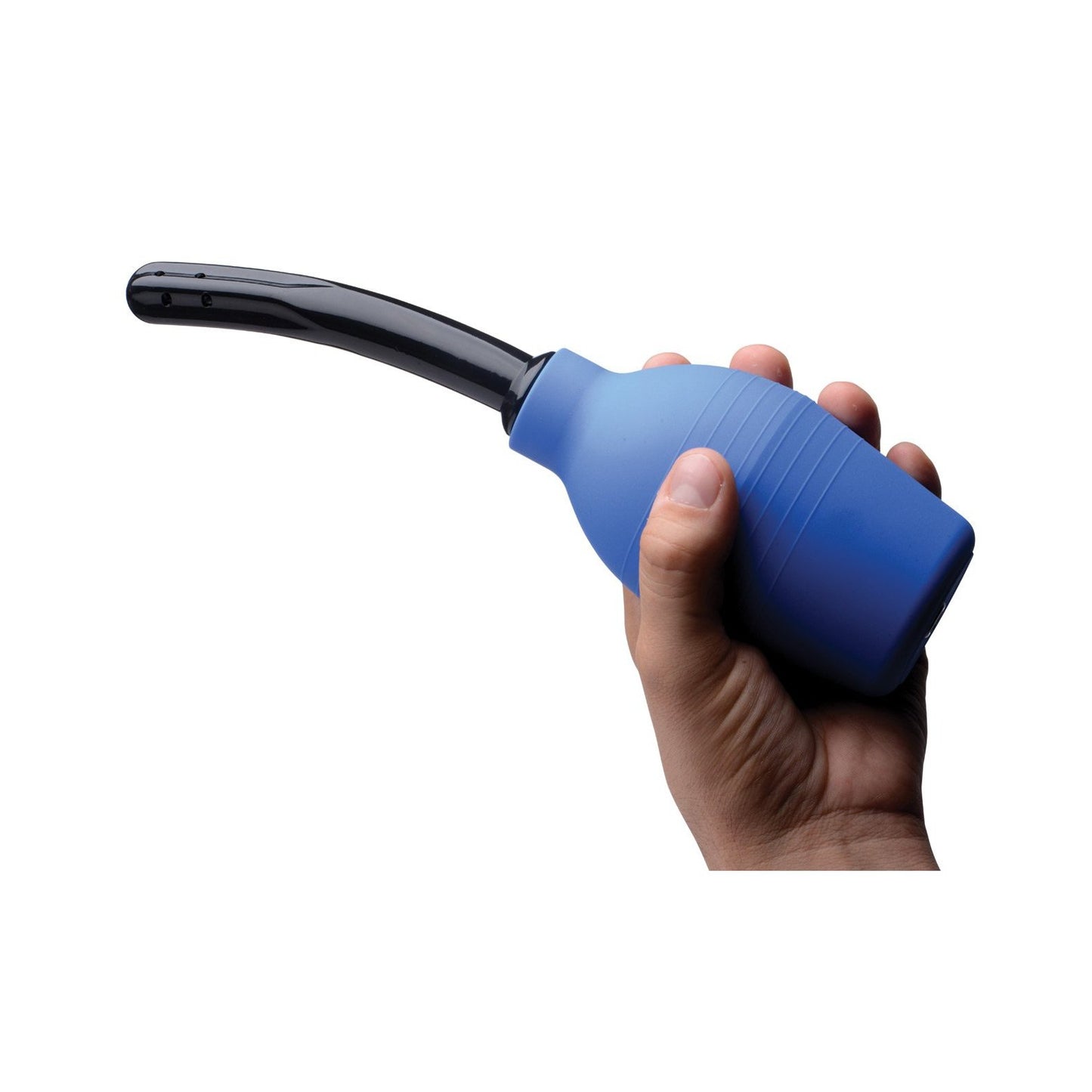 A hand holds the blue CleanStream Premium Enema Bulb by Xr llc, with a black tapered nozzle for dispensing or cleaning. The bulb features a curved design and textured grip on a simple white background, making it efficient for practical use.