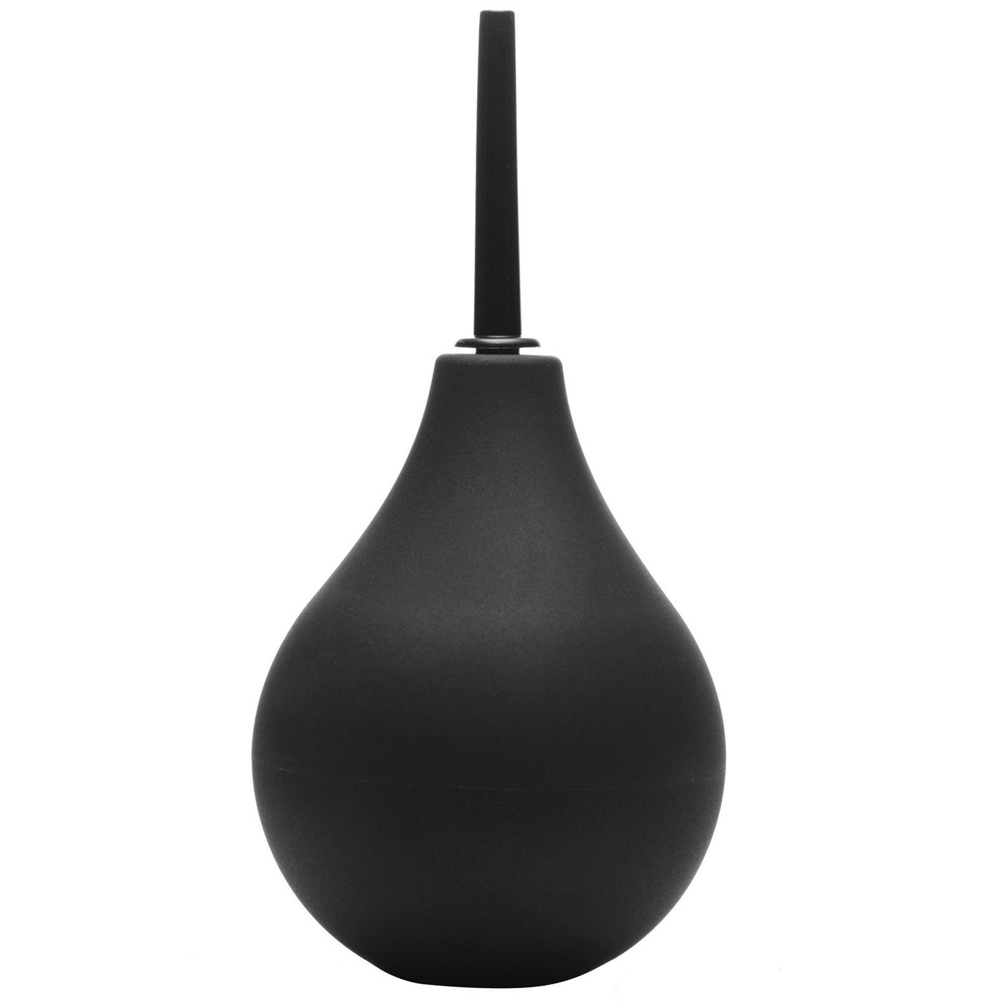 The Cleanstream Thin Tip Silicone Enema Bulb by XR Brands is a black, body-safe silicone enema bulb with a teardrop shape and an extra thin nozzle for easy use, showcased upright on a white background.
