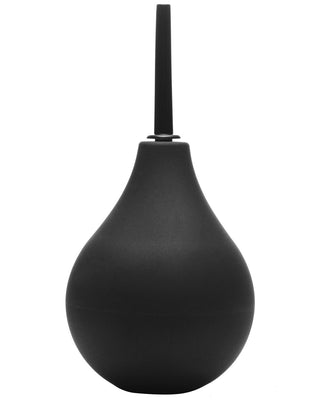 The Cleanstream Thin Tip Silicone Enema Bulb by XR Brands is a black, body-safe silicone enema bulb with a teardrop shape and an extra thin nozzle for easy use, showcased upright on a white background.