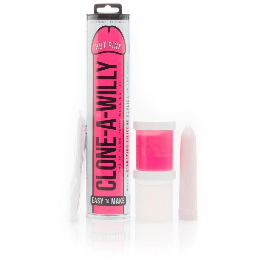 The Clone-A-Willy Kit - Vibrating by Empire Labs in hot pink includes a container, pink molding gel, a white mold, and powdered materials. This DIY penis replica kit uses body-safe silicone and is easy to use for creating fun, personalized vibrating creations.
