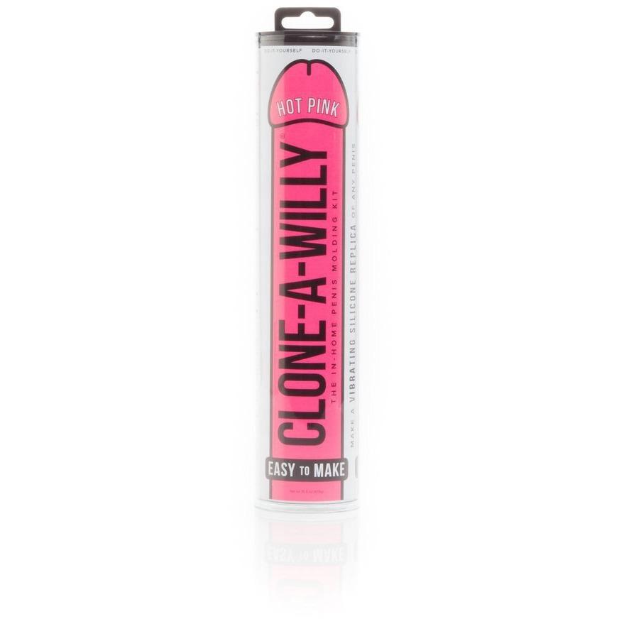 The Clone-A-Willy Kit - Vibrating by Empire Labs comes in a hot pink cylindrical package and offers an exciting DIY experience to create a vibrating penis replica. Made from body-safe silicone, its easy to use with Easy to Make on the label. The clear cylinder and black cap add discretion.