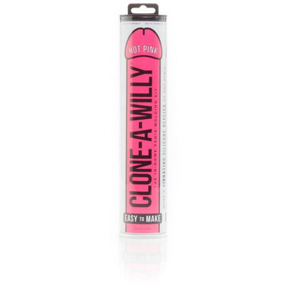 The Clone-A-Willy Kit - Vibrating by Empire Labs comes in a hot pink cylindrical package and offers an exciting DIY experience to create a vibrating penis replica. Made from body-safe silicone, its easy to use with Easy to Make on the label. The clear cylinder and black cap add discretion.
