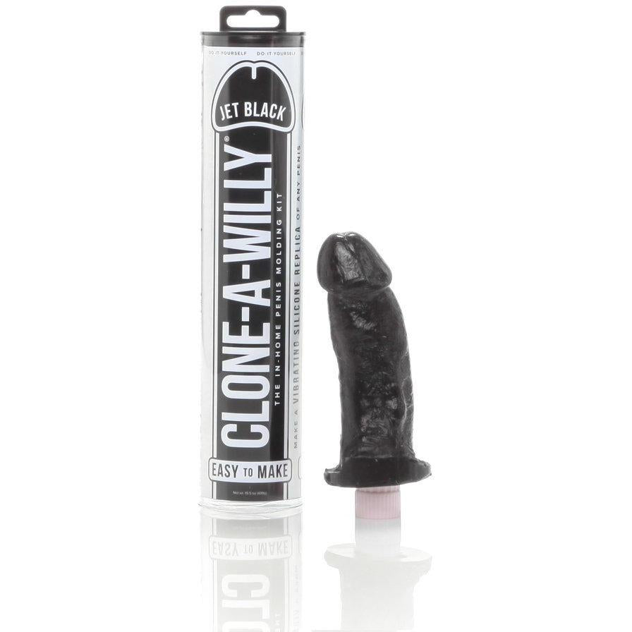 The Clone-A-Willy Kit - Vibrating by Empire Labs allows you to create a body-safe silicone penis replica. It comes in a sleek black cylindrical container with instructions included, and the finished replica can stand beside its packaging.