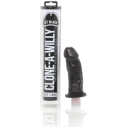 The Clone-A-Willy Kit - Vibrating by Empire Labs allows you to create a body-safe silicone penis replica. It comes in a sleek black cylindrical container with instructions included, and the finished replica can stand beside its packaging.