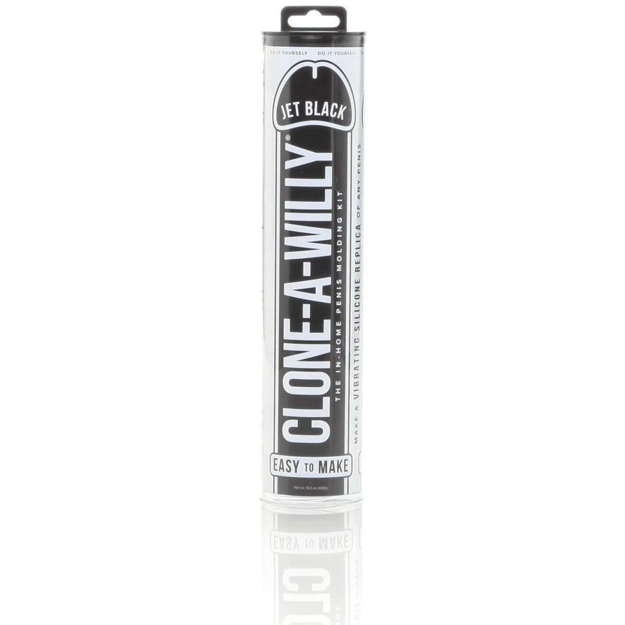 A cylindrical package from Empire Labs, labeled Clone-A-Willy Kit - Vibrating, showcases Jet Black at the top and Easy to Make at the bottom. The design is sleek and modern on a crisp white background, made with body-safe silicone for creating a penis replica.