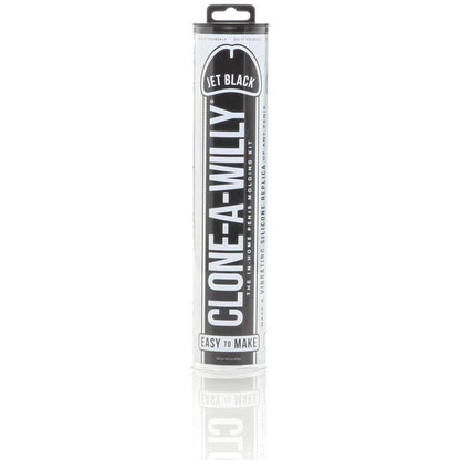 A cylindrical package from Empire Labs, labeled Clone-A-Willy Kit - Vibrating, showcases Jet Black at the top and Easy to Make at the bottom. The design is sleek and modern on a crisp white background, made with body-safe silicone for creating a penis replica.