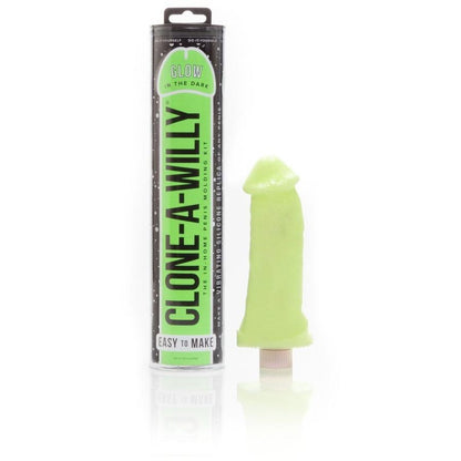The Empire Labs Clone-A-Willy Kit - Vibrating DIY kit is shown, crafted with body-safe silicone. The cylindrical packaging features bold black and green text, alongside the materials needed to create a realistic penis replica.