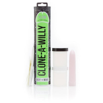 The Clone-A-Willy Kit - Vibrating by Empire Labs offers a simple way to create a penis replica with glow-in-the-dark features. It includes molding gel, a container, and casting material, and its packaging highlights the ease of use with body-safe silicone for peace of mind.