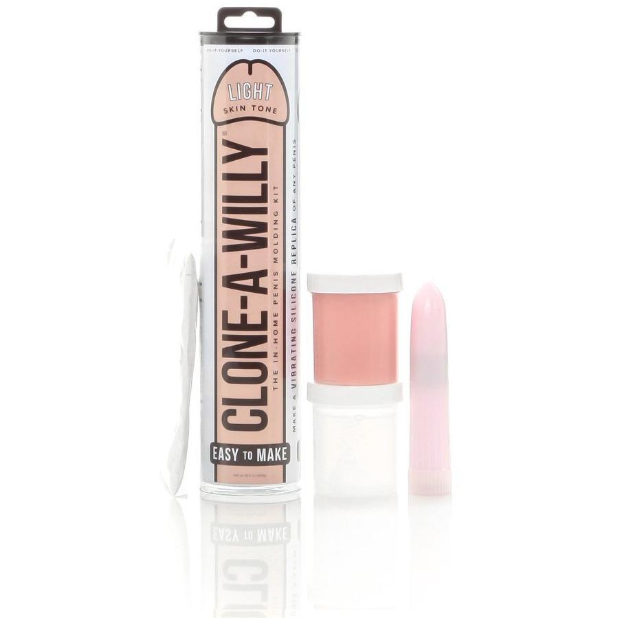 Empire Labs Clone-A-Willy Kit - Vibrating is ideal for creating a light skin tone penis replica with body-safe silicone. It includes a cardboard cylinder, molding powder, silicone gel, a vibrator, and detailed instructions for straightforward use.