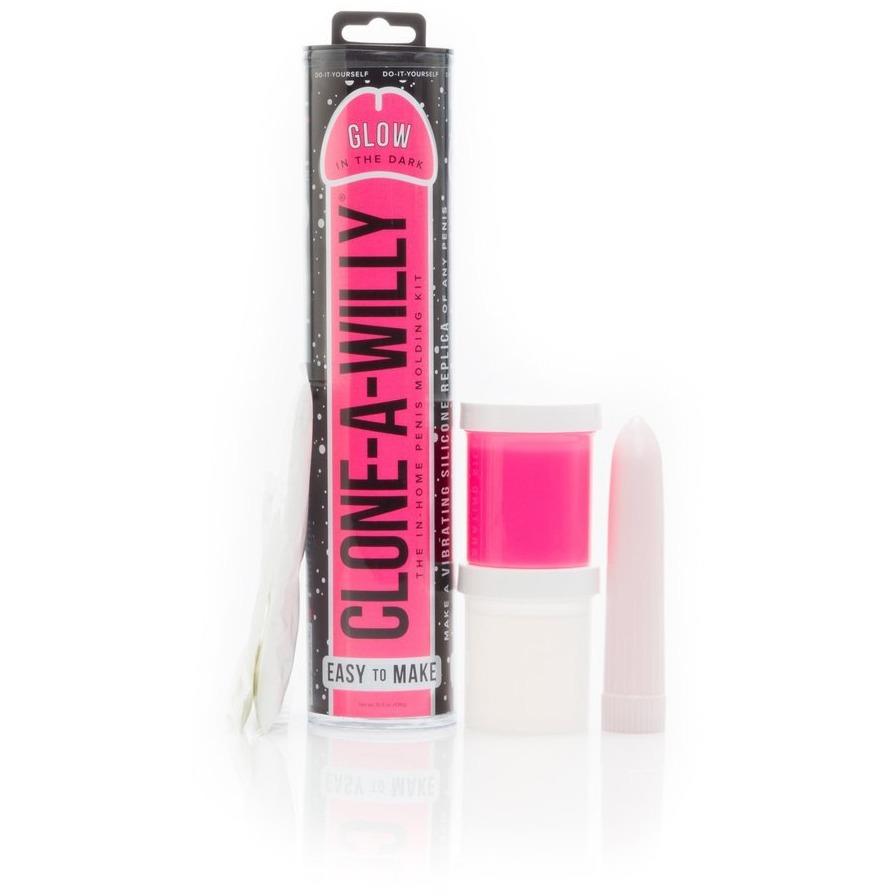 The Clone-A-Willy Kit - Vibrating by Empire Labs comes in a striking black and pink package with Glow in the Dark and Easy to Make messages. Ideal for crafting a glowing penis replica, it includes body-safe silicone, glow powder, and a vibrator.