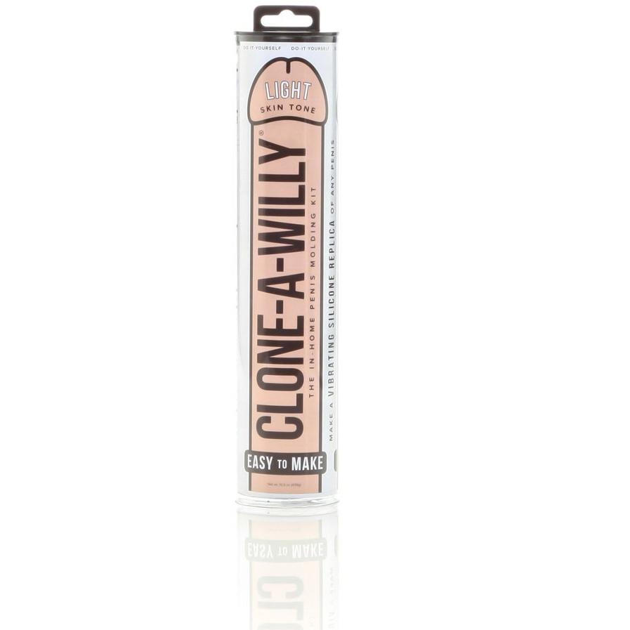 The Clone-A-Willy Kit - Vibrating by Empire Labs, packaged in light pink with bold black text, offers an easy penis replication experience in a light skin tone using body-safe silicone for safety and fun while capturing intricate details.