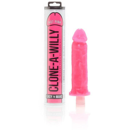 The Empire Labs Clone-A-Willy Kit - Vibrating is a body-safe silicone DIY kit for crafting a hot pink penis replica, complete with a vibrant mold and container featuring product details and instructions for an easy, safe, and fun experience.