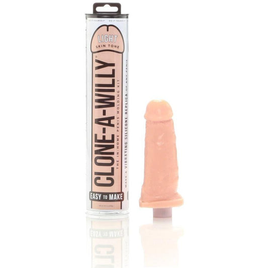 The Clone-A-Willy Kit - Vibrating by Empire Labs lets you create a vibrating penis replica in light skin tone with body-safe silicone. The packaging and the detailed replica are shown in the image.