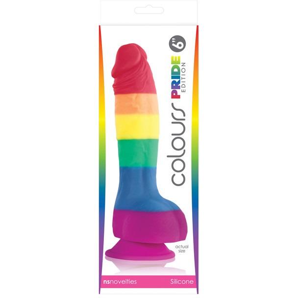 The image features the Colours Pride Edition 6 Dong w/Suction Cup by NS Novelties, a vibrant silicone dildo with rainbow hues. Crafted from body-safe silicone, it boasts a suction cup base and is shown at actual size.