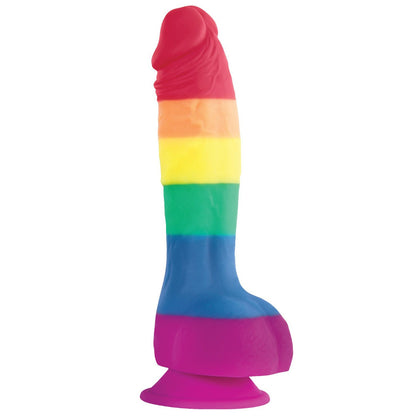 The NS Novelties Colours Pride Edition 6 Dong features a rainbow-striped design and suction cup base, crafted from body-safe silicone. The vibrant stripes follow the traditional sequence: red, orange, yellow, green, blue, and purple.