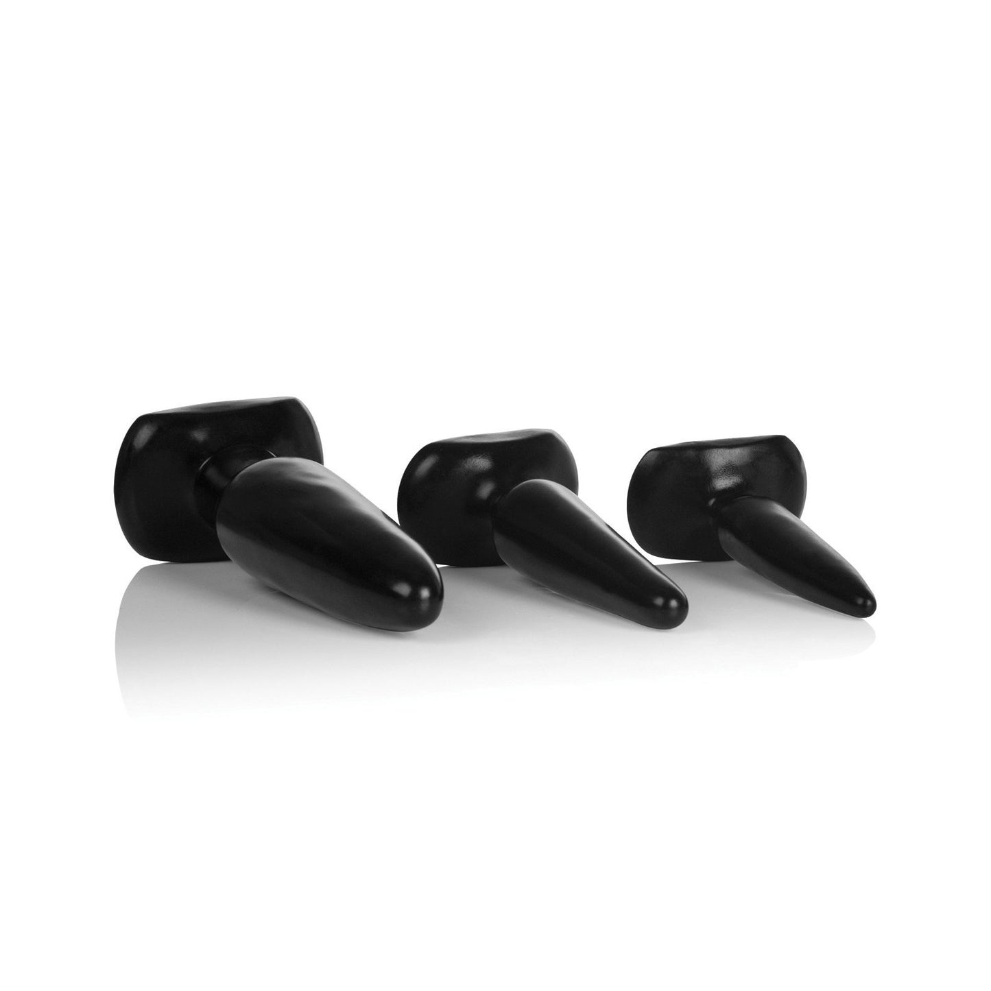The Colt Anal Trainer Kit by California Exotic Novelties includes three black silicone butt plugs with tapered tips and flared bases, ideal for secure and comfortable use. Perfect for beginners starting their Booty Boot Camp journey.