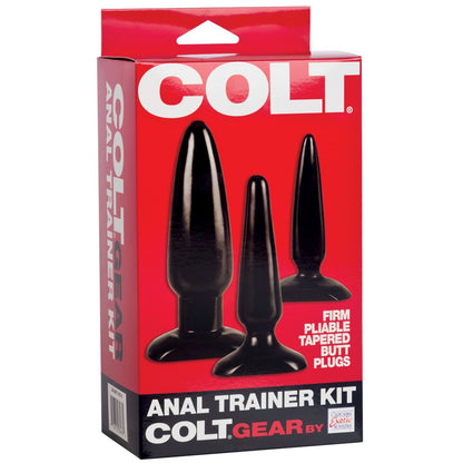 The Colt Anal Trainer Kit by California Exotic Novelties, ideal for Booty Boot Camp, consists of three black tapered butt plugs in different sizes. Packaged in a red box with bold white and black text, it emphasizes firm and pliable features for enhanced training sessions.