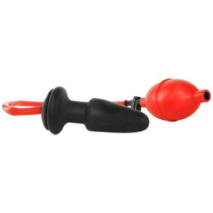 The COLT Expandable Butt Plug by Adams Toy Box is a black inflatable silicone butt plug with a red rubber bulb pump and hose for air inflation, perfect for anal stretching.
