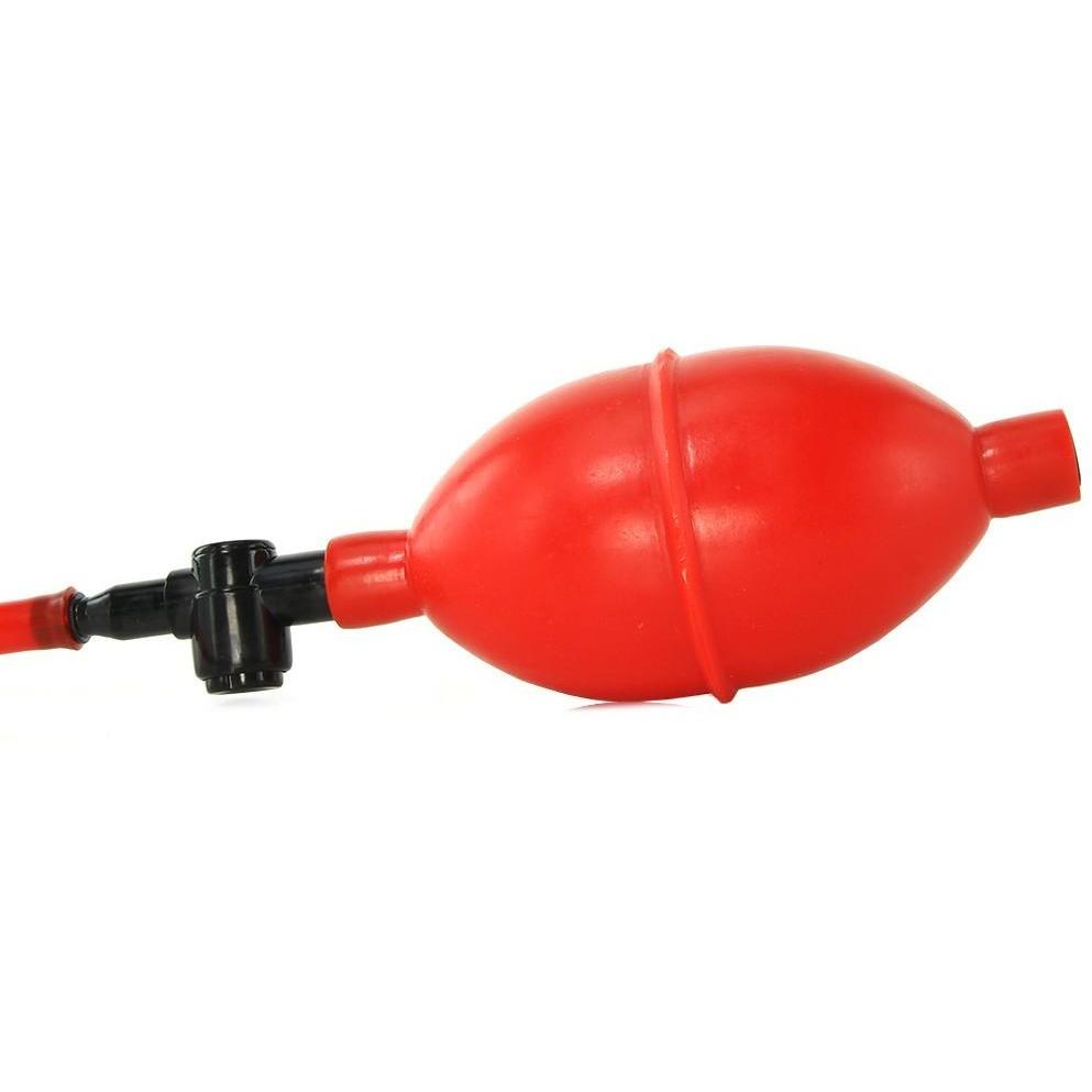 The COLT Expandable Butt Plug by Adams Toy Box is a red, bulb-shaped hand pump with an attached black nozzle and tube, designed for inflatables and shown horizontally against a white background.