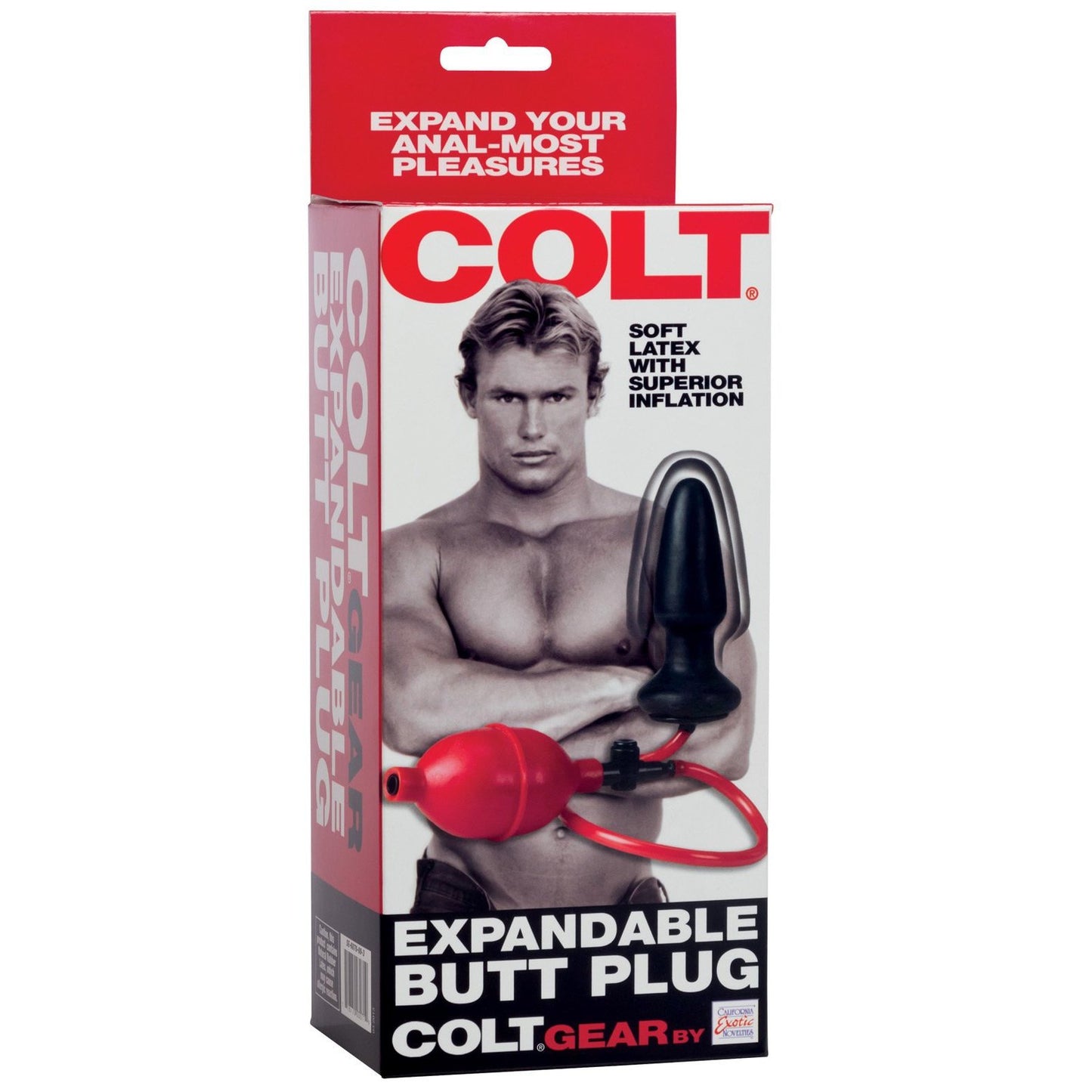 The COLT Expandable Butt Plug from Adams Toy Box features packaging with a muscular male model holding the product, emphasizing its soft latex and superior anal stretching capabilities, in a predominantly red and white design.