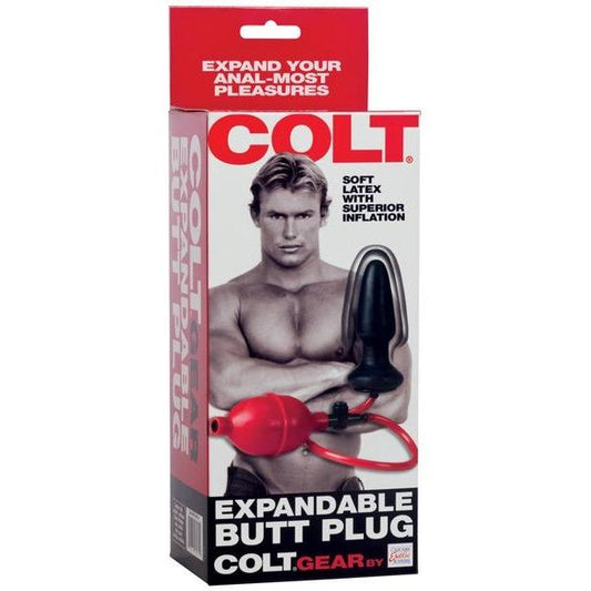 The COLT Expandable Butt Plug by Adams Toy Box features a muscular man on its packaging and highlights soft latex with superior inflation for enhanced anal stretching. It includes an intuitive inflation pump for customizing your ultimate pleasure.
