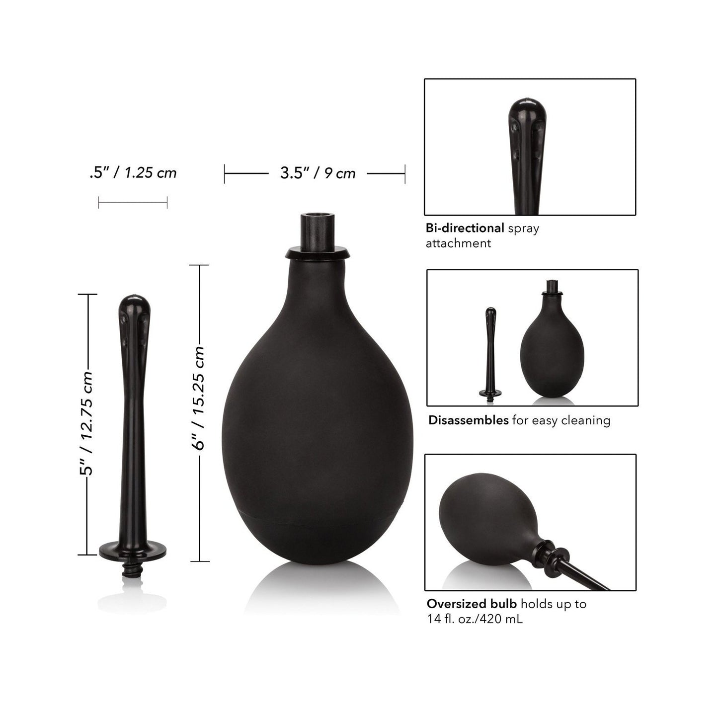 The COLT Mega Ass Cleanser by Adams Toy Box is a sleek black anal douching bulb with a 6-inch bi-directional spray attachment. It has a compact 3.5-inch diameter bulb and stands 5 inches tall. Disassembling for easy cleaning, it holds 14 fl. oz. (420 mL) and includes an applicator tip for convenience.