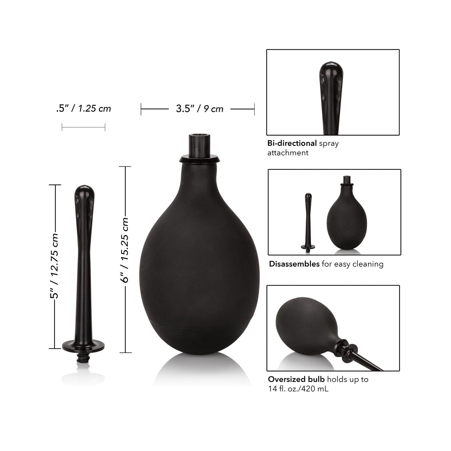 The COLT Mega Ass Cleanser by Adams Toy Box is a sleek black anal douching bulb with a 6-inch bi-directional spray attachment. It has a compact 3.5-inch diameter bulb and stands 5 inches tall. Disassembling for easy cleaning, it holds 14 fl. oz. (420 mL) and includes an applicator tip for convenience.