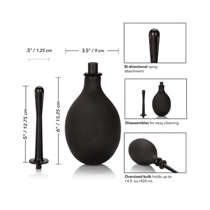 The COLT Mega Ass Cleanser by Adams Toy Box is a sleek black anal douching bulb with a 6-inch bi-directional spray attachment. It has a compact 3.5-inch diameter bulb and stands 5 inches tall. Disassembling for easy cleaning, it holds 14 fl. oz. (420 mL) and includes an applicator tip for convenience.