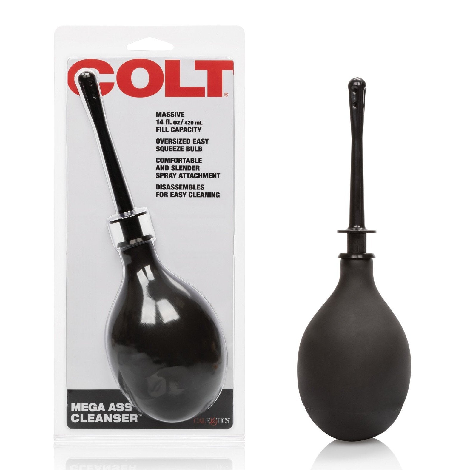 The black bulb-shaped COLT Mega Ass Cleanser by Adams Toy Box features a large capacity, easy-to-clean design, and an applicator tip for effective use.