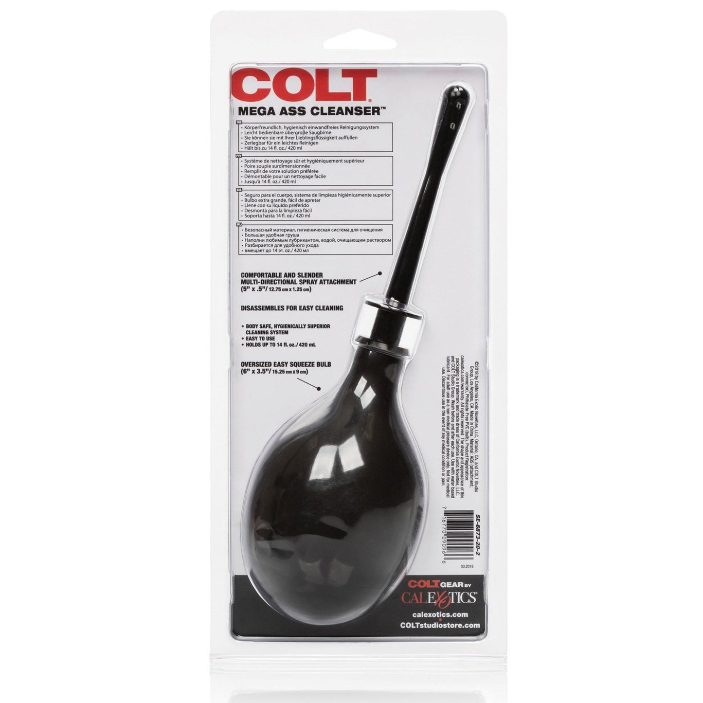 The COLT Mega Ass Cleanser by Adams Toy Box has a black bulb with an elongated applicator tip designed for easy, effective cleaning. Bulb capacity and usage instructions are detailed on the back of the packaging.