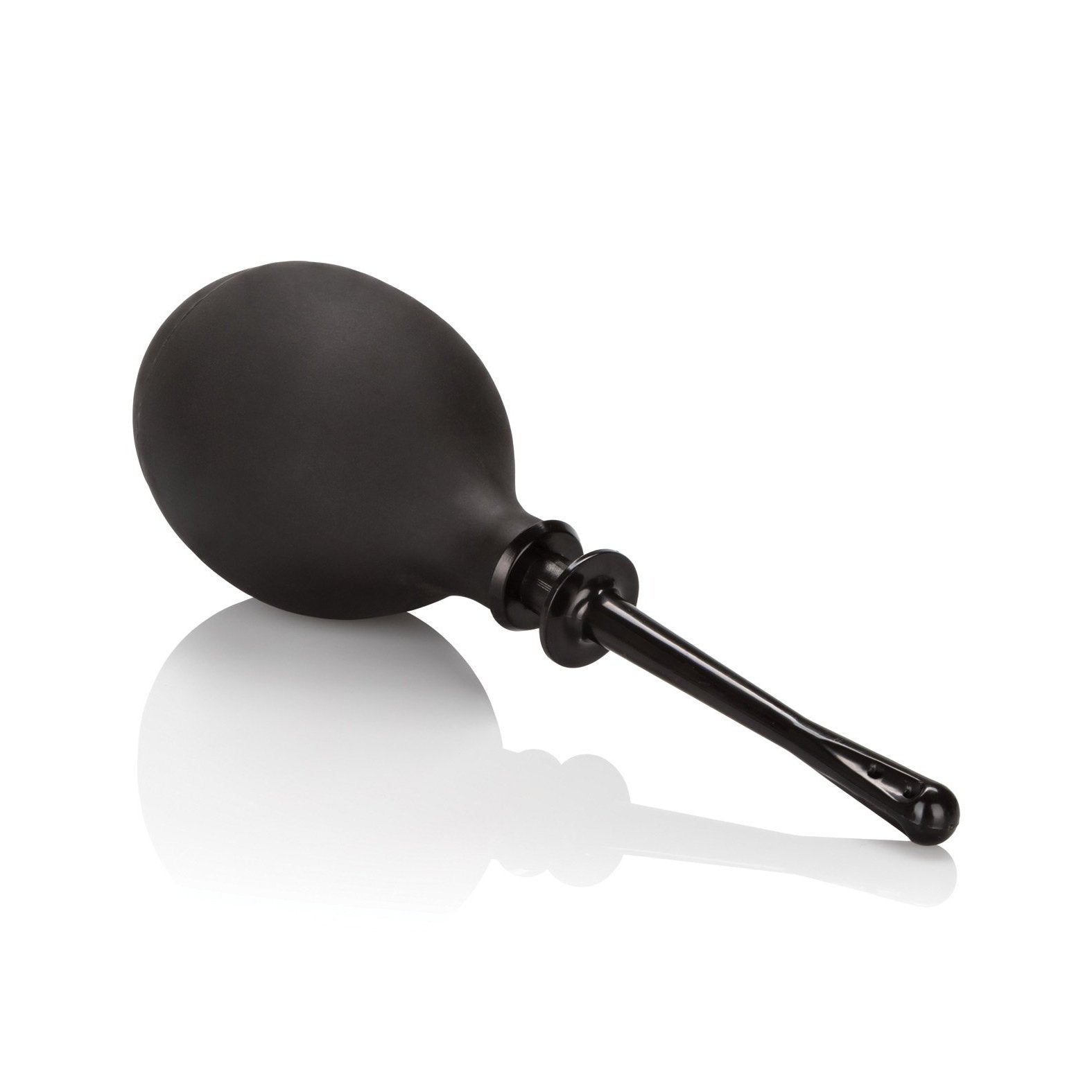 The COLT Mega Ass Cleanser from Adams Toy Box is seen against a white background. This black rubber douche features an oval-shaped bulb and long, slender applicator tip, reflecting light to highlight its simple and effective design.