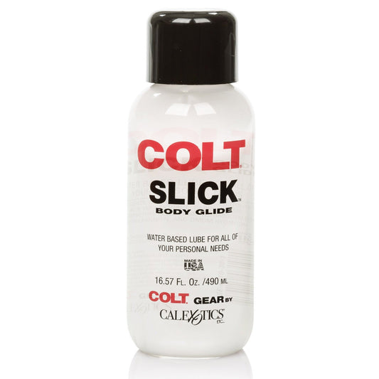 The Colt Slick Personal Lube by Colt, with a black cap and 16.57 fl. oz. (490 ml) capacity, is crafted by Colt Gear and CalExotics to provide water-based personal lubrication for all your needs.