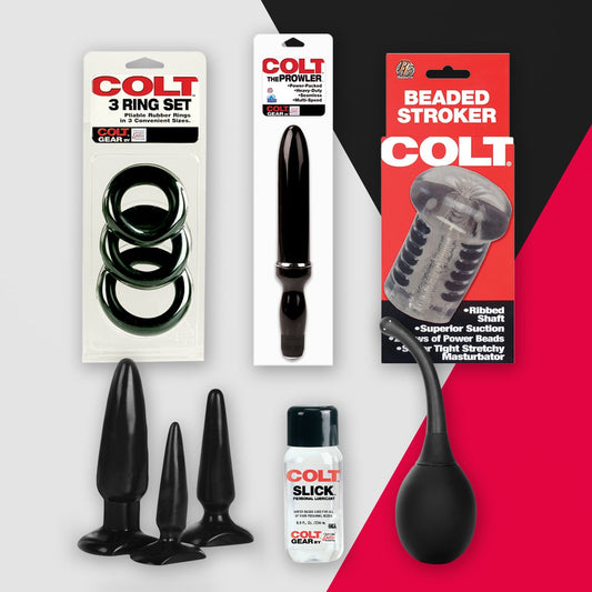 A display of Adams Toy Boxs Colt Studio Gay Sex Toy Kit featuring a 3-ring set, sleek black plug, beaded stroker, silicone lubricant, and inflatable anal plug is presented against a split gray and red background—ideal for anal sex enthusiasts.