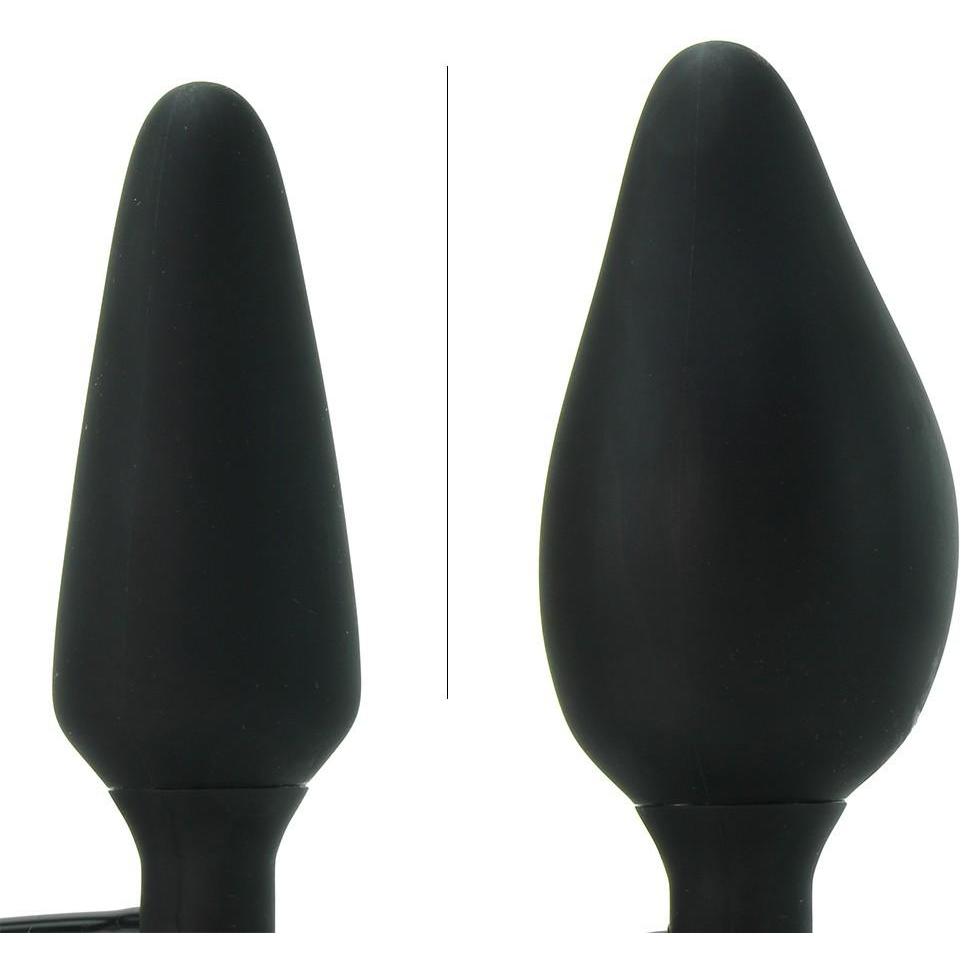 The Colt XXL Pumper Plug by California Exotic Novelties is a black silicone butt plug featuring a tapered tip, shown in deflated and inflated states to highlight its impressive size expansion.