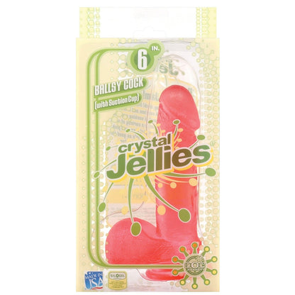 The image shows the Doc Johnson product Crystal Jellies Dildos - 6\ Ballsy Cock, featuring a realistic 6-inch dildo with lifelike veins and a suction cup base. The packaging notes include Made in USA and Silicone.