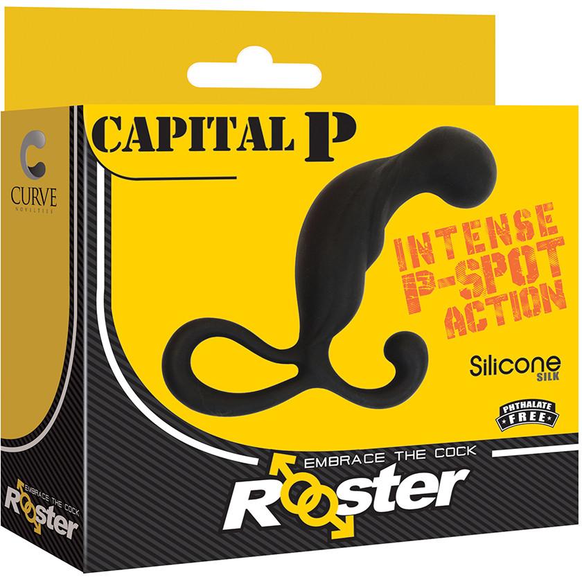 The packaging for the Curve Novelties Rooster Capital P - Black features a yellow and black box with a silicone massager, highlighting phrases like Intense P-Spot Action and Phthalate free. Designed for prostate stimulation, the Curve Novelties logo is displayed in the top corner.