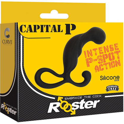 The packaging for the Curve Novelties Rooster Capital P - Black features a yellow and black box with a silicone massager, highlighting phrases like Intense P-Spot Action and Phthalate free. Designed for prostate stimulation, the Curve Novelties logo is displayed in the top corner.