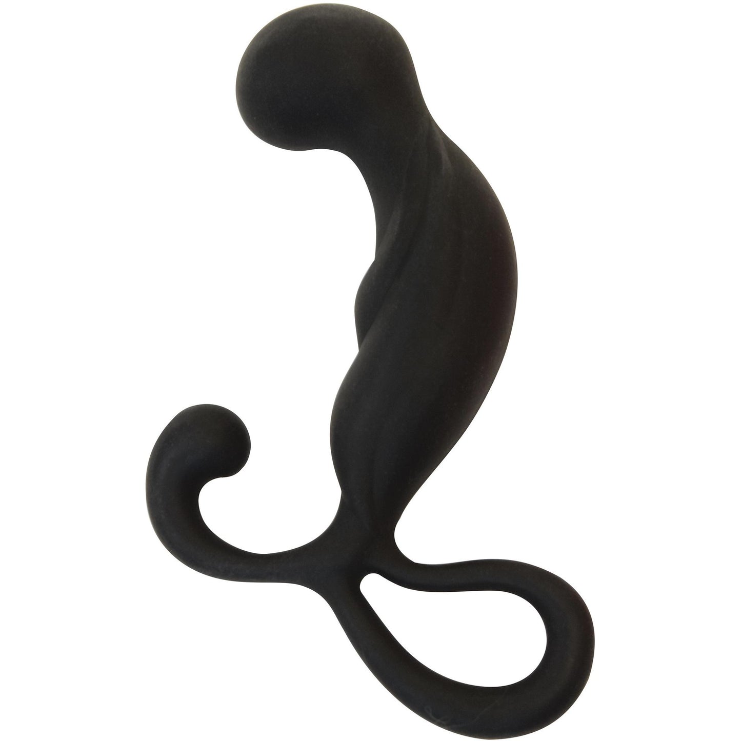 The Curve Novelties Rooster Capital P is a black, curved silicone prostate massager with a sculpted design and looped handle, crafted by Curve Novelties for optimal stimulation.