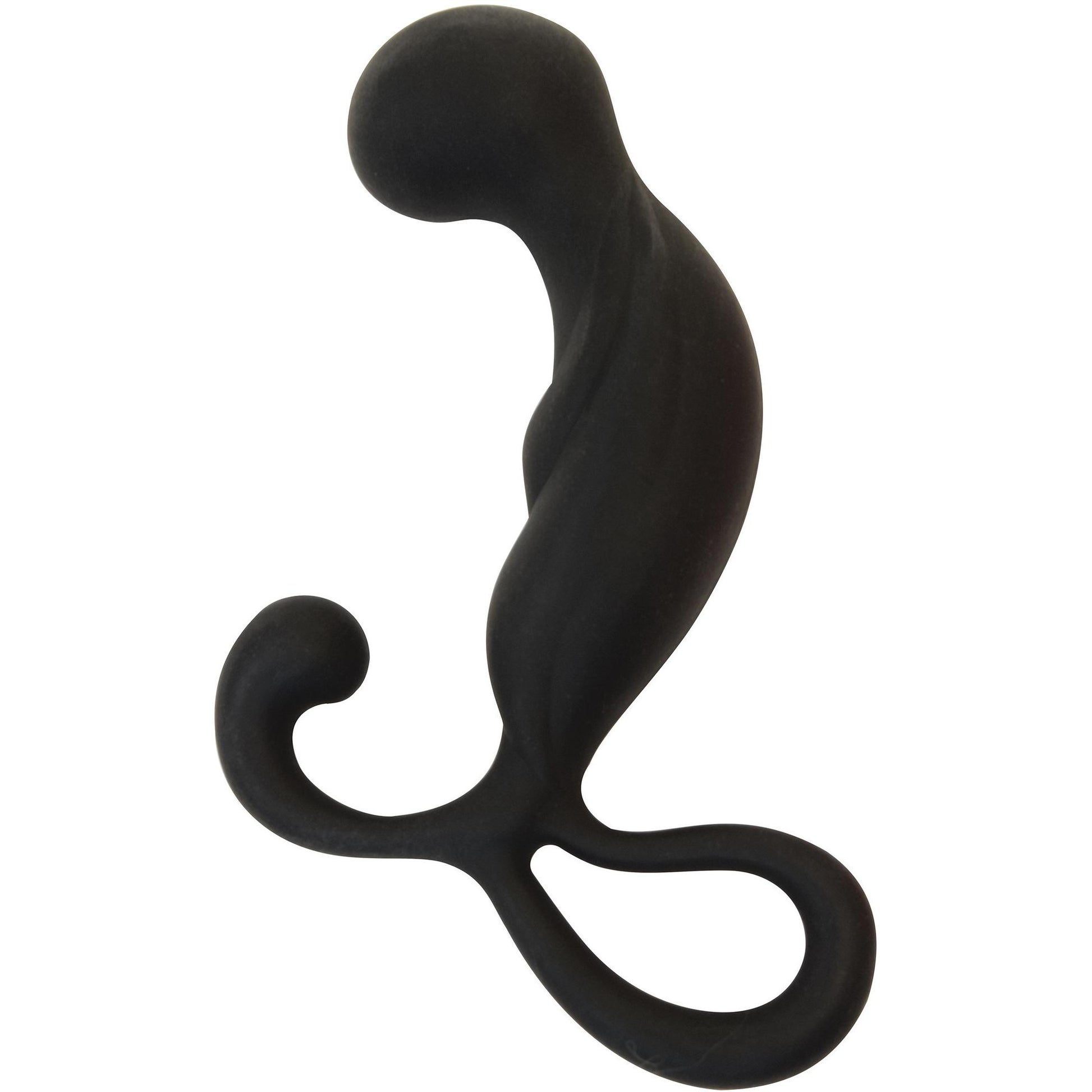 The Curve Novelties Rooster Capital P is a black, curved silicone prostate massager with a sculpted design and looped handle, crafted by Curve Novelties for optimal stimulation.